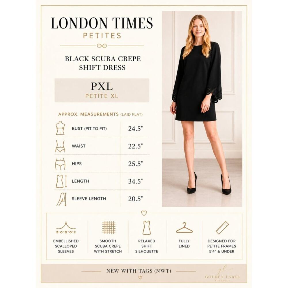 London Times Petite PXL Black Scuba Shift Dress Embroidered Sleeve NWT - Picture 8 of 8